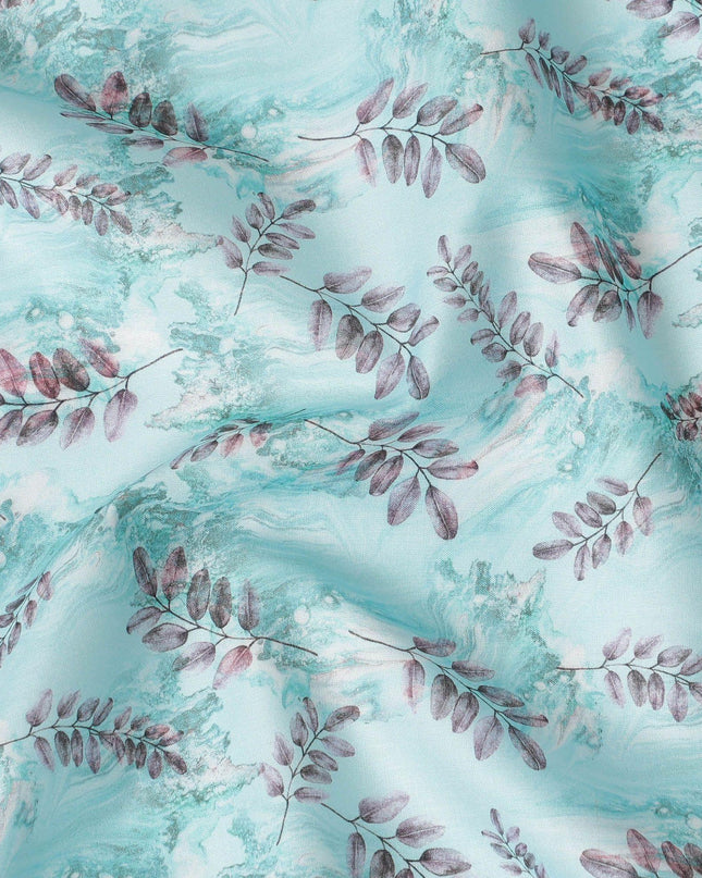 Powder blue cotton lawn fabric with same tone and brownish pink print in leaf design-D15283 Regal Fabrics