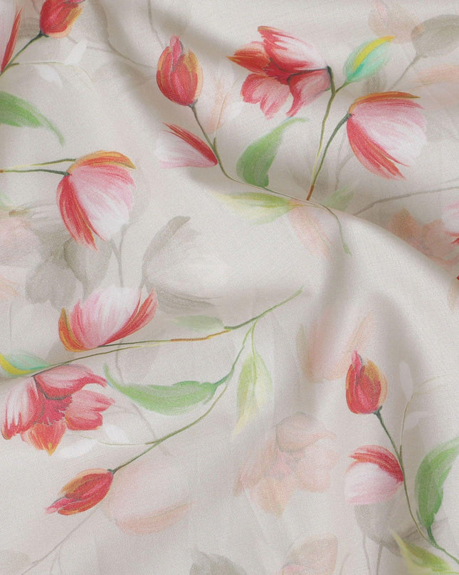 قماش ساتان قطني بيج فاتح مع طباعة متعددة الألوان بتصميم زهور-D15276