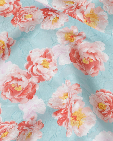 Tiffany blue uragiri cotton voile fabric with same tone jacquard having light pink, salmon peach and mustard yellow print n floral design-D10486 Regal Fabrics