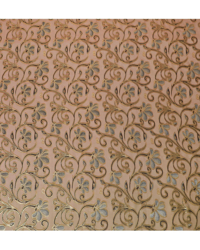 قماش من الشيفون الحريري النقي المتغير باللون البني الفاخر مع الفيسكوز الأسود والأخضر الغامق مع اللوريكس المعدني الذهبي بتصميم الأزهار - D14644