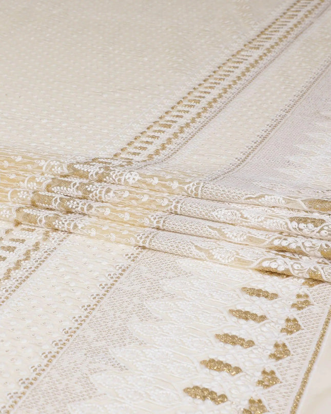 Gold nylon tulle fabric with white and gold embroidery having gold sequins in fancy design-D6906 Regal Fabrics