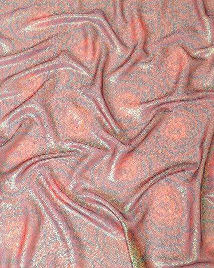 Maroon pure silk chiffon fabric with neon green and black metallic lurex in fancy design-D8979