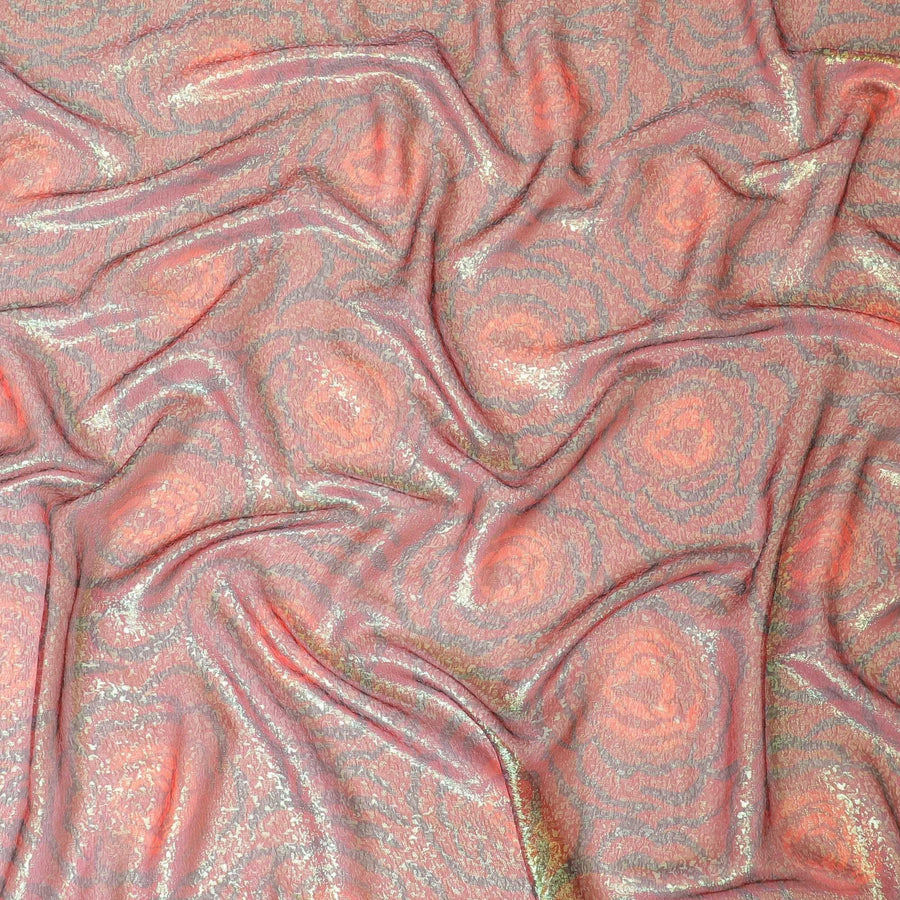 Maroon pure silk chiffon fabric with neon green and black metallic lurex in fancy design-D8979