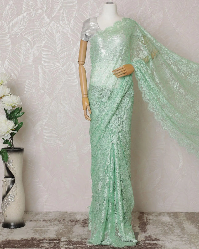 Mint green Premium pure French chantilly lace saree having stone work and same tone outline metallic lurex in floral design-D14618 Regal Fabrics
