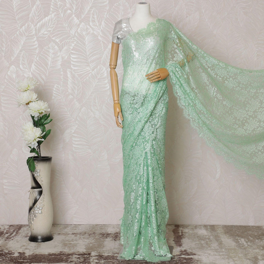 Mint green Premium pure French chantilly lace saree having stone work and same tone outline metallic lurex in floral design-D14618