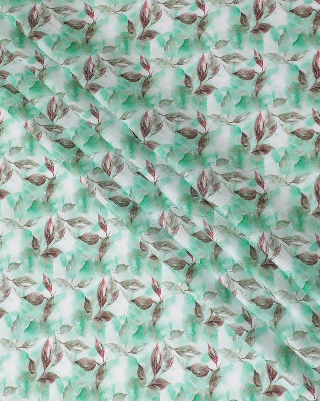Off white cotton satin fabric with turquoise green and brown print in floral design-D15458 Regal Fabrics
