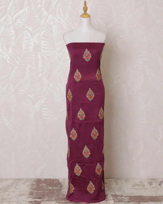 Dark plum blended cotton lawn fabric with multicolor embroidery in floral design-D15067 Regal Fabrics