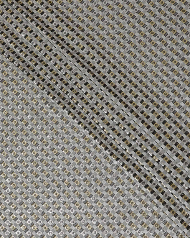 Black premium pure French (Fransawi) silk chiffon fabric with grey viscose having gold and silver metallic lurex in geometric design-D13849