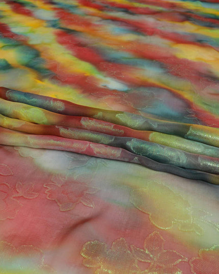 قماش شيفون حريري نقي فاخر متعدد الألوان مع لوريكس معدني أخضر نيون بتصميم زهور -D9282