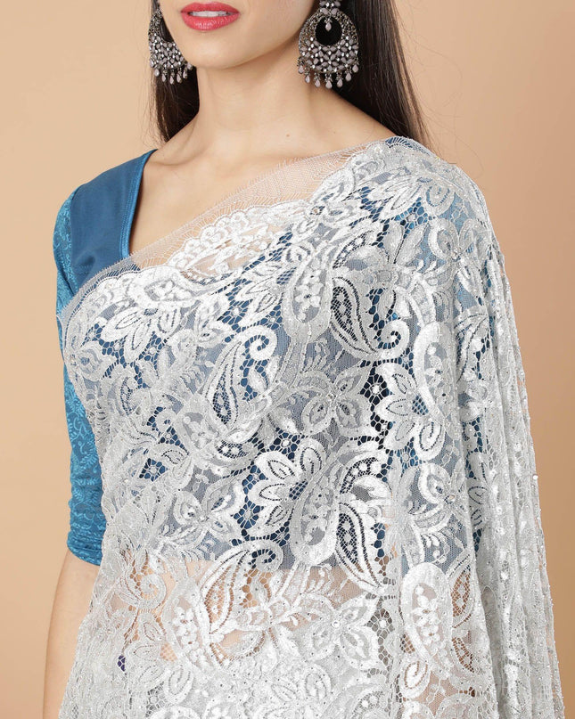 Pearl river grey, Silver Premium metallic French chantilly lace saree having stone work in floral design-D8763S