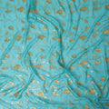Turquoise blue premium pure silk chiffon fabric with same tone, mustard viscose having gold metallic lurex in floral design-D13188