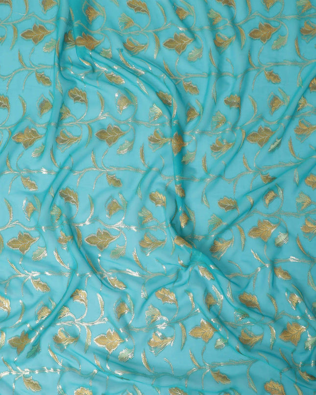 قماش شيفون من الحرير الخالص باللون الأزرق الفيروزي بنفس اللون، فيسكوز الخردل مع لوريكس معدني ذهبي بتصميم الأزهار-D13188