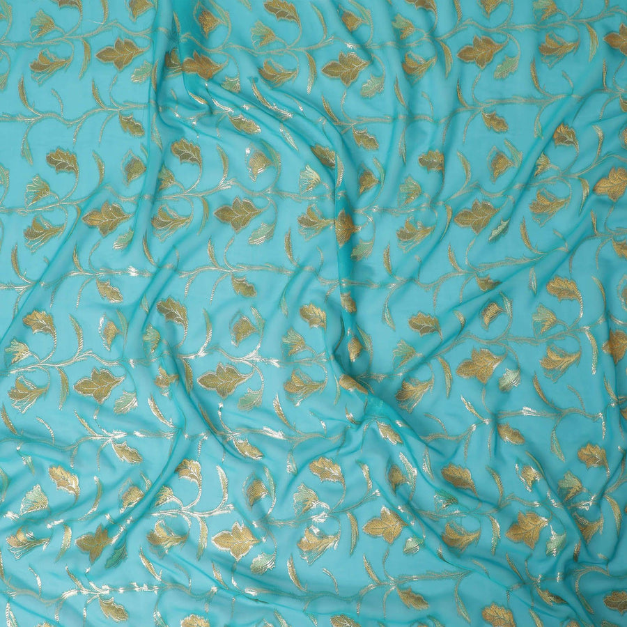 Turquoise blue premium pure silk chiffon fabric with same tone, mustard viscose having gold metallic lurex in floral design-D13188