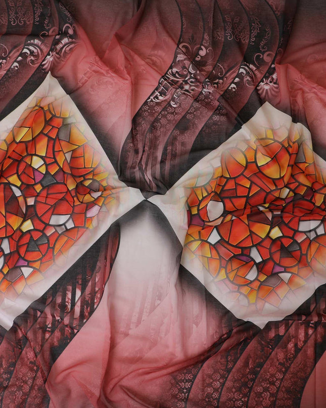 قماش الفوال القطني الفاخر 100% باللون الأحمر القرميدي والأبيض مع طباعة متعددة الألوان بتصميم الأزهار-D9147