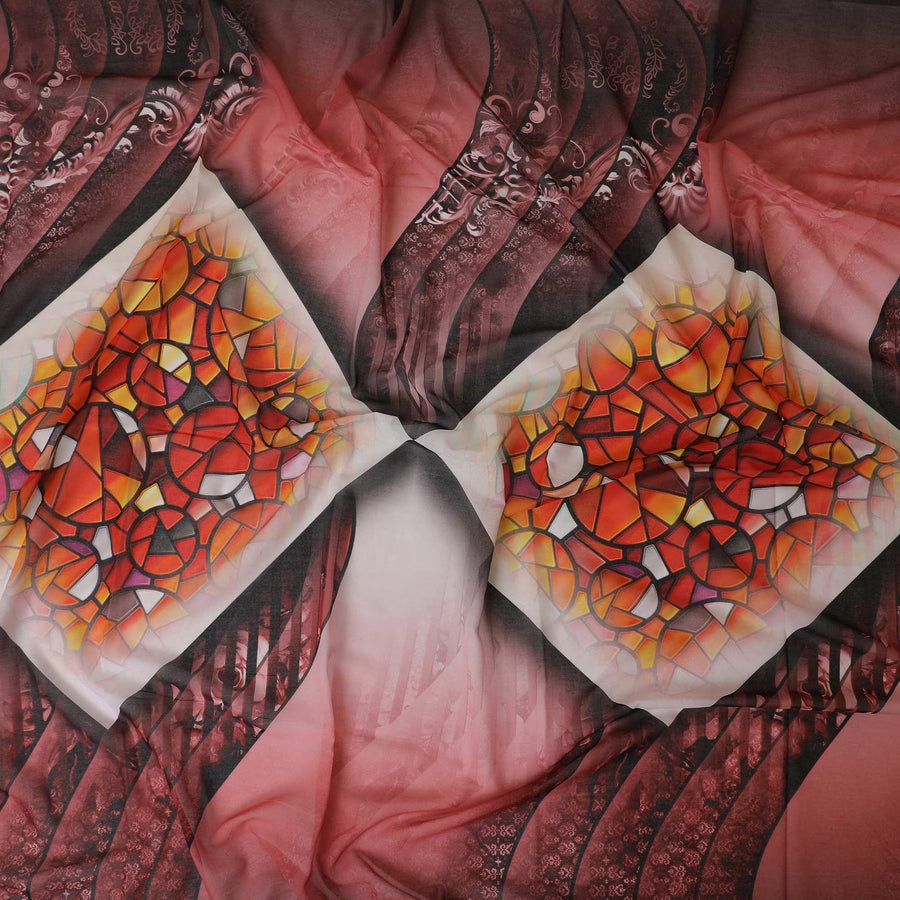 قماش الفوال القطني الفاخر 100% باللون الأحمر القرميدي والأبيض مع طباعة متعددة الألوان بتصميم الأزهار-D9147