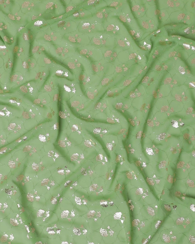 Sage green synthetic georgette fabric with same tone embroidery having gold foil print in floral design-D12030 Regal Fabrics