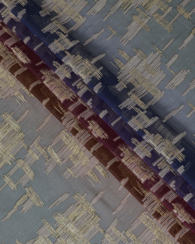 قماش شيفون حريري فرنسي (فرنساوي) فاخر متعدد الألوان مع نفس اللون من الفسكوز والوركس المعدني الذهبي بتصميم تجريدي -D14270