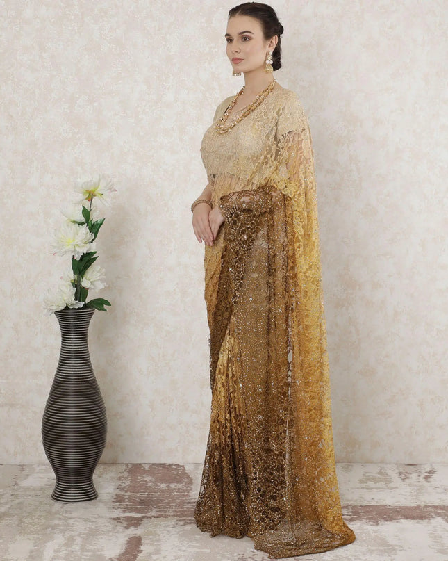 Gold to mustard brown Premium Pure French chantilly lace saree having stone work in Ombre design-D14490 Regal Fabrics