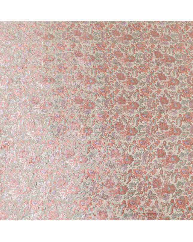 Beige synthetic chiffon fabric with multicolor velvet burnout print in floral design-D14161