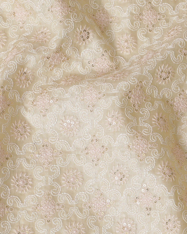 قماش حرير توسار نقي فاخر باللون البيج الفاتح بنفس اللون وتطريز وردي فاتح وترتر بتصميم زهور-D15445