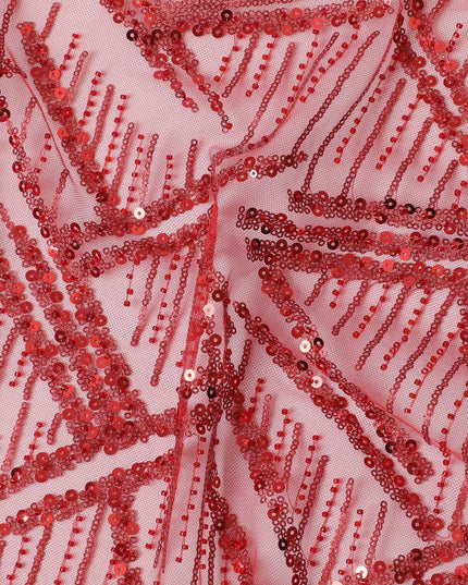 قماش تول نايلون فاخر باللون الأحمر القرمزي مع نفس التطريز والترتر والخرز بتصميم فاخر-D15393