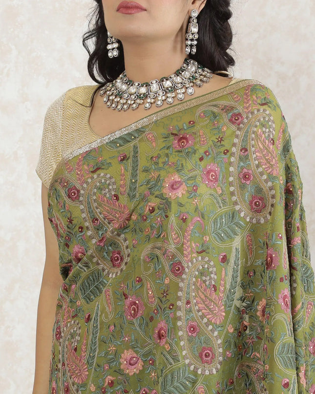 Olive green Premium pure silk georgette kashmiri work saree having multicolor embroidery and stone work in floral design-D13493 Regal Fabrics