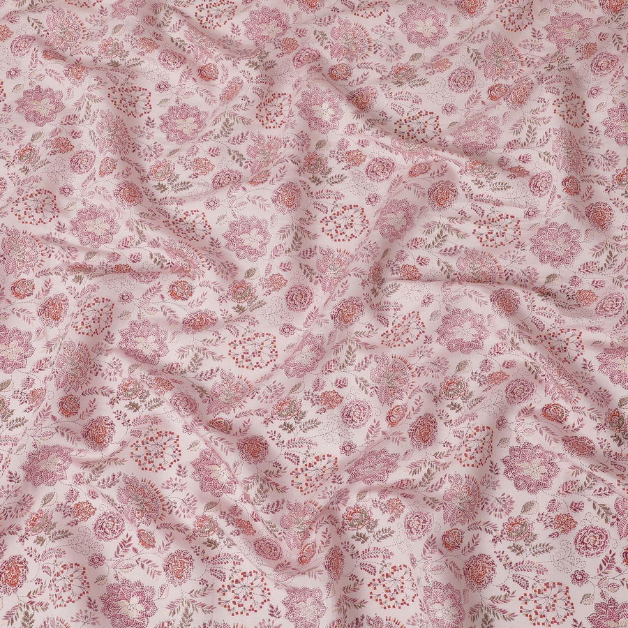 قماش فيسكوز شانديري وردي فاتح مع طباعة باللون الأرجواني والأخضر الزيتوني والخوخ بتصميم الأزهار-D15434