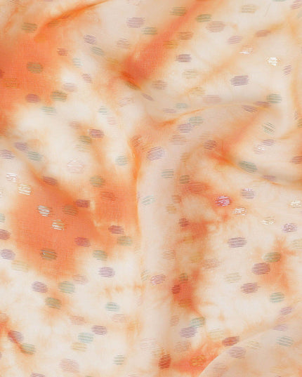 Melon orange premium pure silk chiffon fabric with multicolor metallic lurex in dot design-D10418