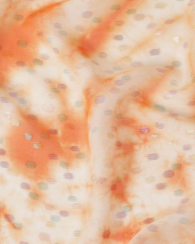 قماش شيفون حريري نقي فاخر باللون البرتقالي البطيخي مع لوركس معدني متعدد الألوان بتصميم منقط-D10418
