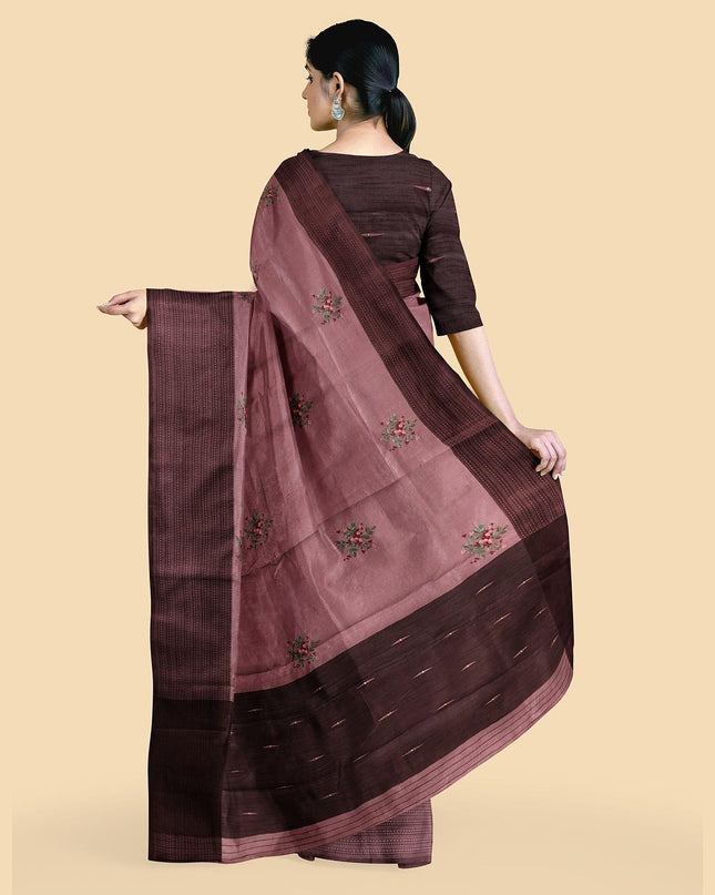 ساري حرير شانديري صناعي أرجواني من Fandango مع تطريز متعدد الألوان بتصميم زهور. بلوزة بيزنطية لون بنفسجي قطعة D12767