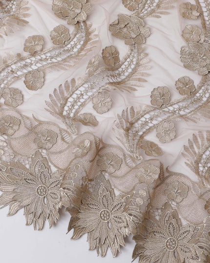 Pale brown nylon tulle fabric with same tone embroidery in floral design-D11747