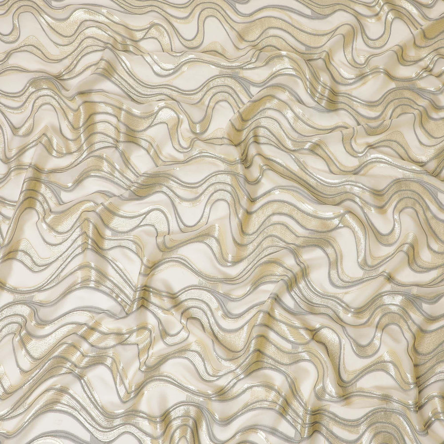 Light gold Premium pure French (Fransawi) silk chiffon fabric with black viscose and gold metallic lurex in fancy design-D14308