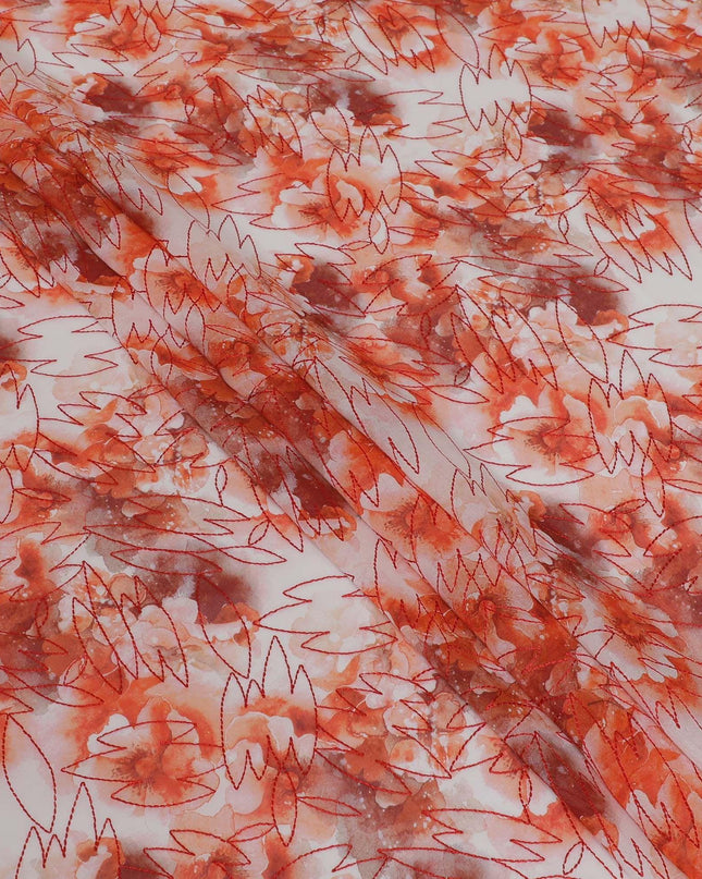 قماش فوال من القطن الخالص باللون الأبيض الفاتح مع طباعة برتقالية وتطريز بنفس اللون بتصميم فاخر-D13254