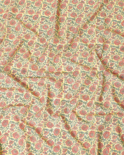Flax yellow cotton lawn fabric with olive green, brick pink and black print in floral design-D8438 Regal Fabrics