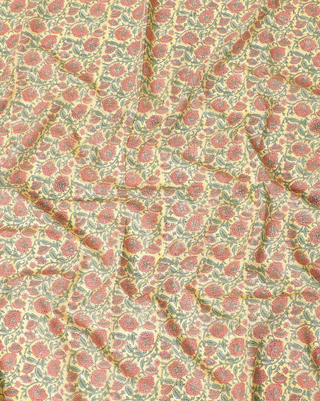 Flax yellow cotton lawn fabric with olive green, brick pink and black print in floral design-D8438 Regal Fabrics