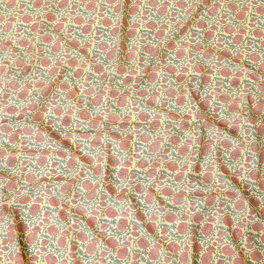 Flax yellow cotton lawn fabric with olive green, brick pink and black print in floral design-D8438 Regal Fabrics