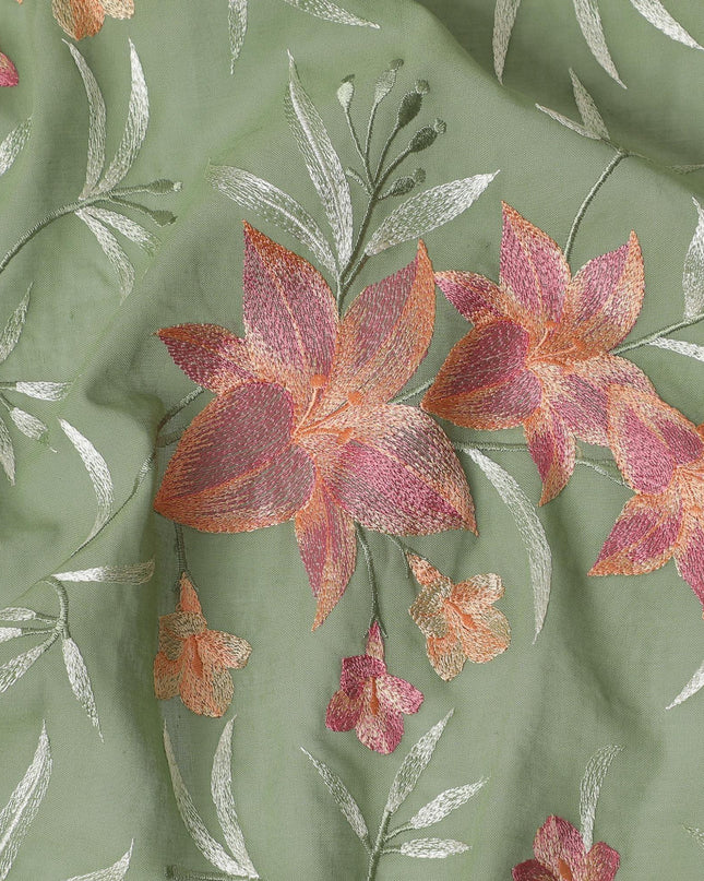 قماش الفوال القطني الخالص الفاخر باللون الأخضر الداكن بنفس اللون والتطريز باللون الأخضر الخوخي والنعناع بتصميم الأزهار-D15246