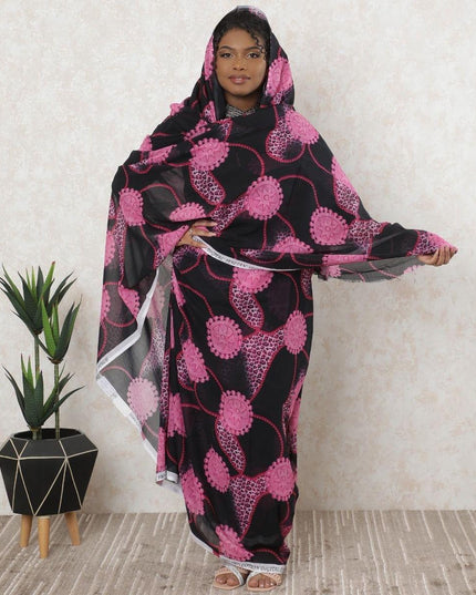 Black Premium cotton voile thobe with magenta pink print in floral design-D11605