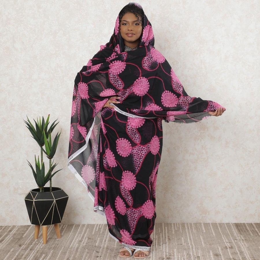 Black Premium cotton voile thobe with magenta pink print in floral design-D11605
