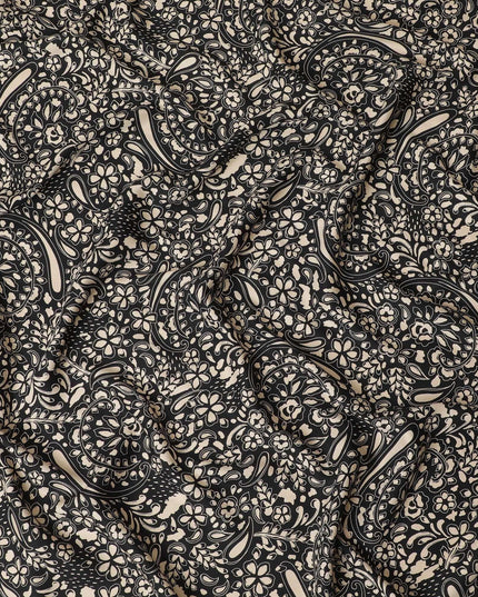 Black viscose twill printed fabric with beige prints in floral design-D11172