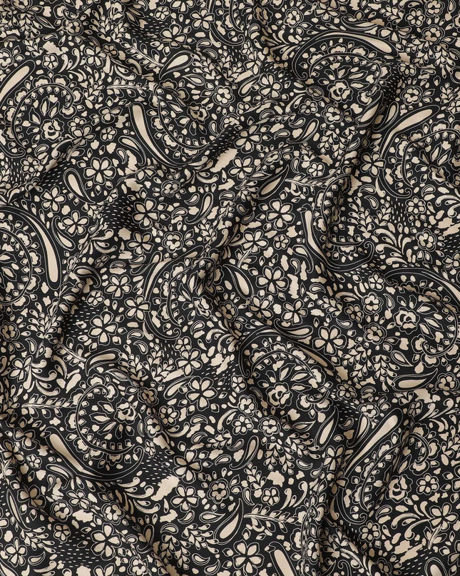 Black viscose twill printed fabric with beige prints in floral design-D11172
