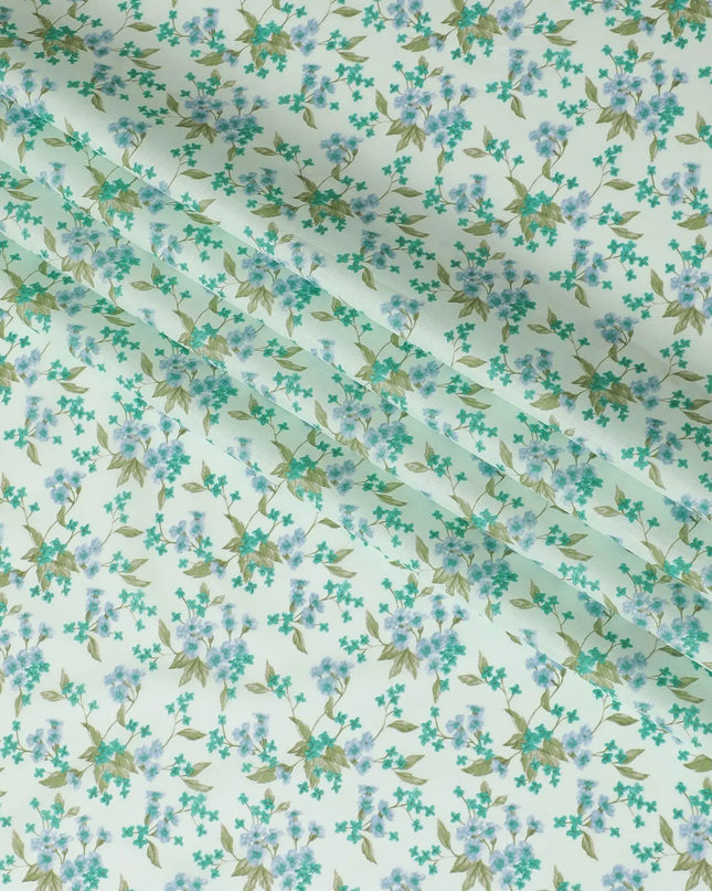 Tea green cotton lawn fabric with olive green, baby blue and pastel green print in floral design-D10642 Regal Fabrics