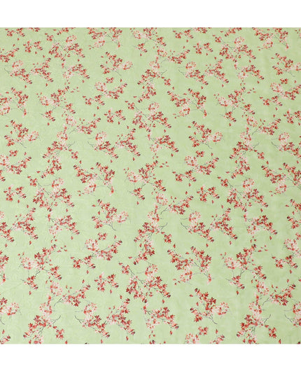 Lime green uragiri cotton voile fabric with same tone jacquard having barn red and black print in floral design-D14325 Regal Fabrics