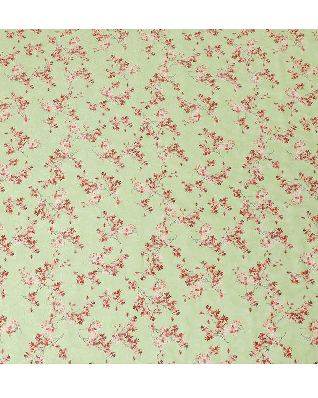 Lime green uragiri cotton voile fabric with same tone jacquard having barn red and black print in floral design-D14325