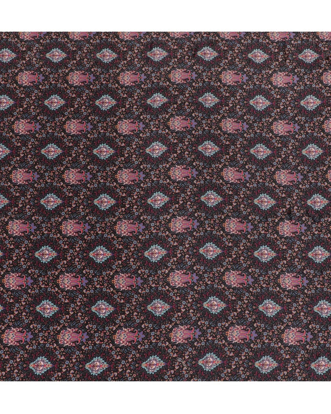 Black synthetic crepe fabric with multicolor print in floral design-D15027