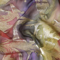 Multicolor Premium pure silk chiffon with gold metallic lurex in leaf design-D11386