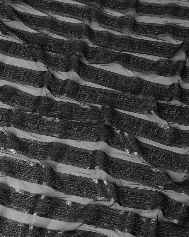 Black nylon tulle fabric with silver metallic stripe in abstract design