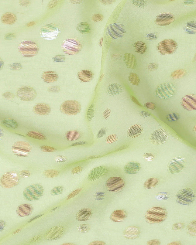 Lime green Premium pure silk chiffon fabric with multicolor metallic lurex in dot design-D15337