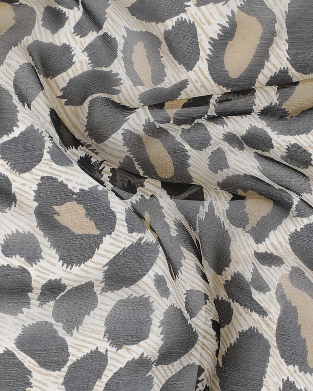 Light beige pure silk chiffon fabric with black and olive print in animal skin design-D9307