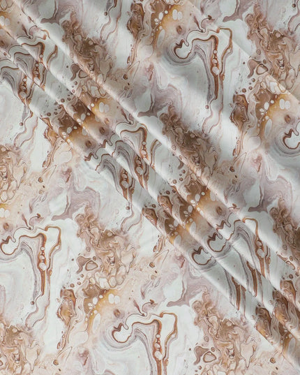 Tea green synthetic modal satin fabric with same tone and brown tie & die print in abstract design-D15017 Regal Fabrics